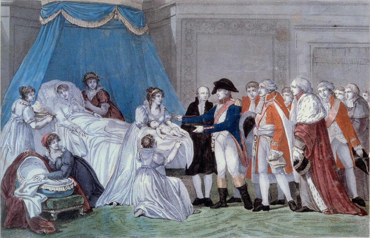 Narodziny króla Rzymu Napoleona II (Francois Charles Joseph Napoleon Bonaparte) (1811-1832): ceremonia metryki urodzenia syna cesarza Napoleona I (1769-1821) w Palais des Tuileries w dniu 20.03.1811. Rycina XIX wieku. Ile d