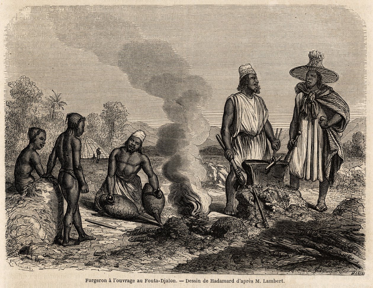 Kowal ma pracę w Fouta Djalon (Senegal), rysunek Hadamarda, aby zilustrować podróż porucznika Lamberta do Fouta Djalon w 1860 roku. Grawerowanie w „” Le tour du monde”” 1861. Kolekcja Selvy. autorstwa French School
