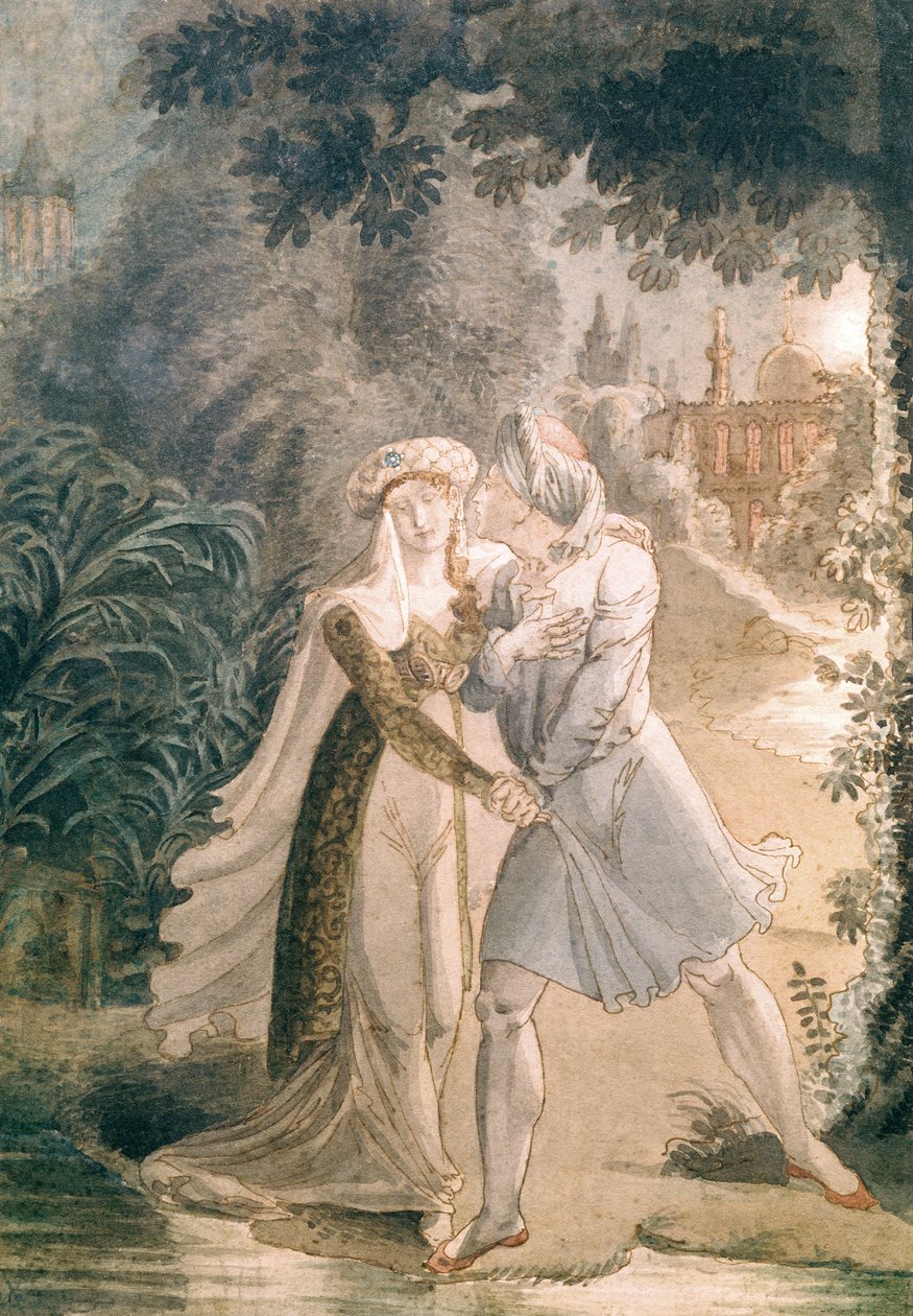 Blanka i Abon Hamet w ogrodach Alhambry, z "Le Dernier des Abencerages" Francois Rene (1768-1848) Vicomte de Chateaubriand (pióro, tusz i wc na papierze) autorstwa French School