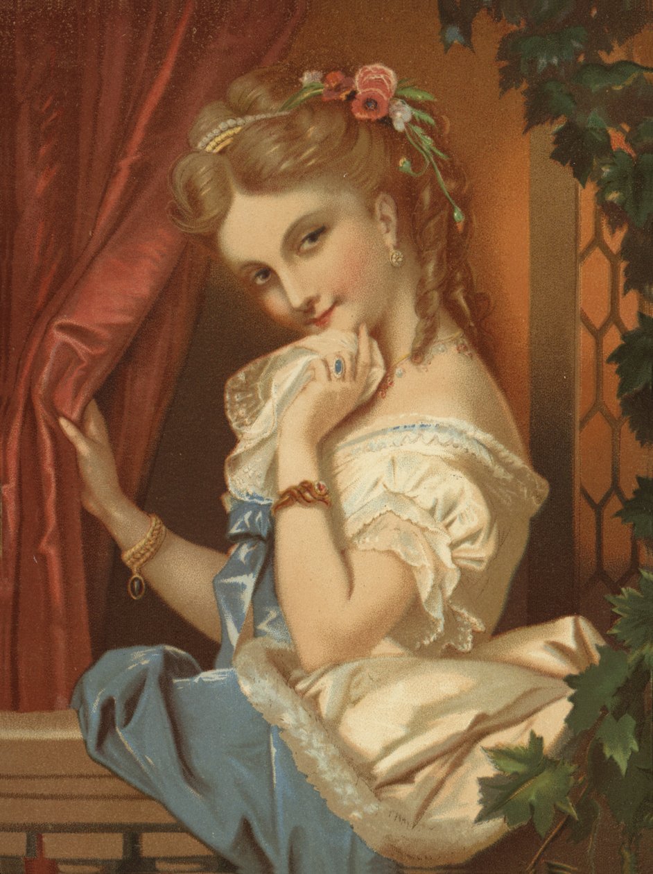 Blondynka z uwodzicielskim uśmiechem (chromolitho) autorstwa French School