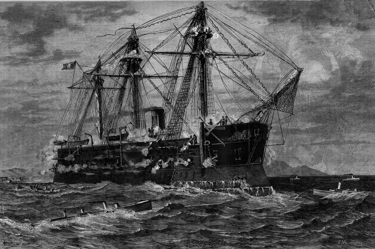 Statek łodzi zaatakowany przez torpedowce (XIX wiek). Grawerowanie według obrazu Pierre