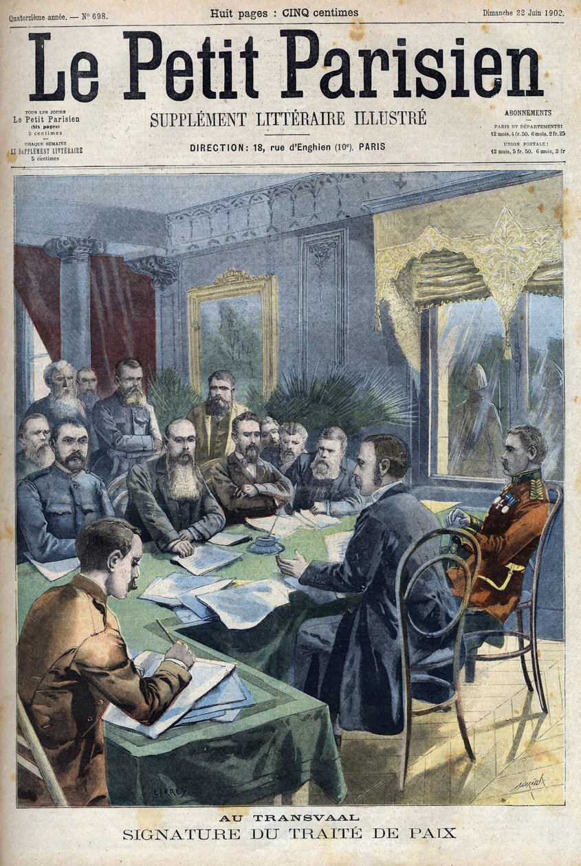 Wojna burska. Podpisanie traktatu pokojowego w Transwalu między wodzami burskimi a brytyjskim generałem Horatio Herbertem Kitchenerem (1850-1916) w Pretorii w RPA. Grawer w „”Le Petit Parisien”” autorstwa French School