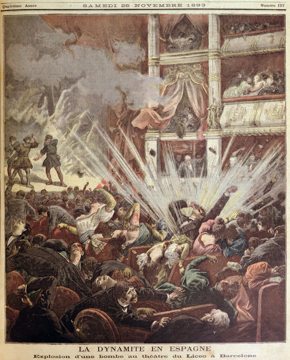 Wybuch bomby w teatrze Liceu, Barcelona, ilustracja z Le Petit Journal, 25 listopada 1893 autorstwa French School