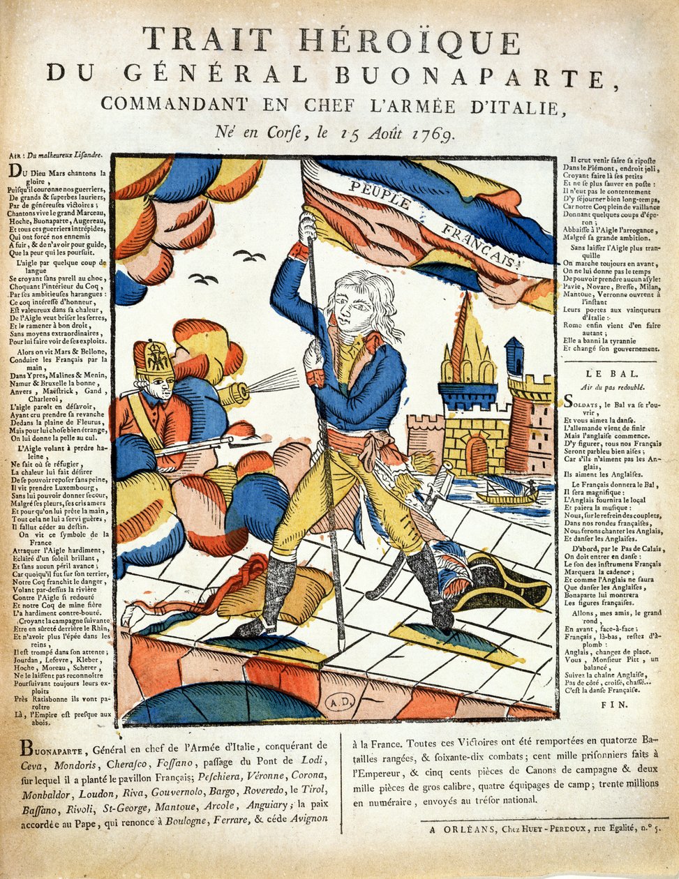 Bonaparte (1769-1821) umieszczający francuską flagę na moście Lodi, 10 maja 1796 z LImagerie Populaire autorstwa P.L.Duchartre