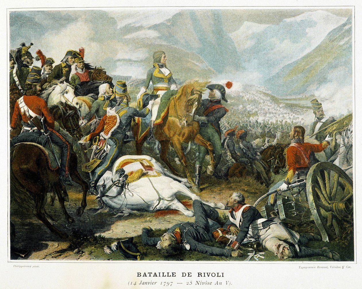 Bonaparte (w środku), po zwycięstwie nad Austriakami w bitwie pod Rivoli (Włochy) 14 stycznia autorstwa French School