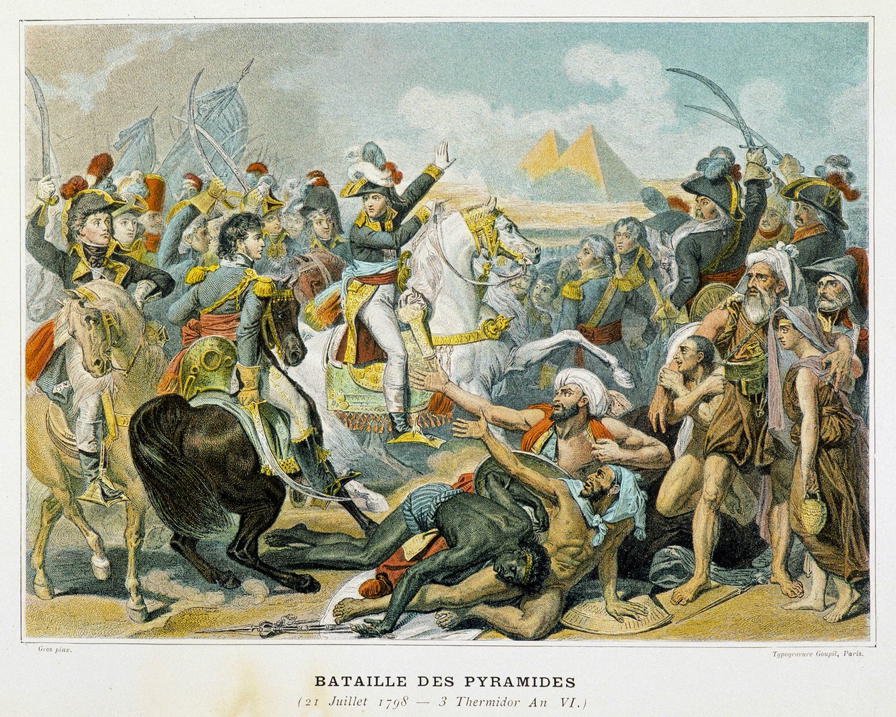 Bonaparte (w środku) i jego wojska podczas bitwy pod piramidami w dniu 21 lipca 1798 r. autorstwa French School