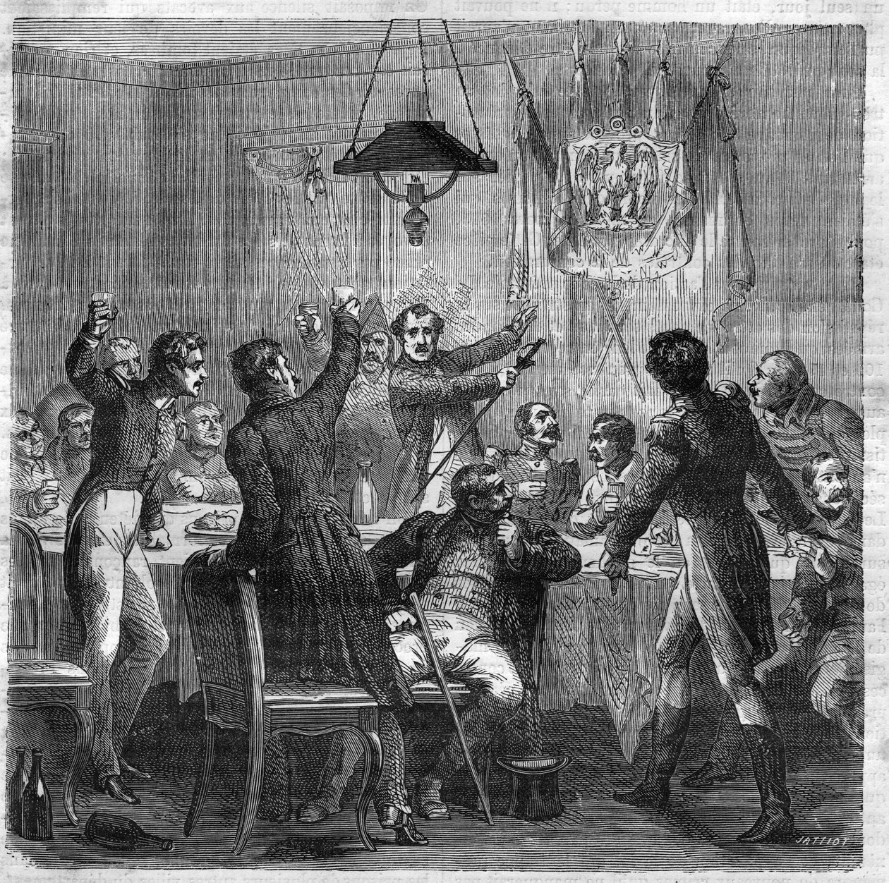 Bankiet bonapartystowski w okresie Restauracji między upadkiem Pierwszego Cesarstwa 6 kwietnia 1814 r. a rewolucją Trzech Chwały 29 lipca 1830 r. Grawer w „Histoire des Papes-Rois-Queen and Empereurs a travers les Century” Maurice