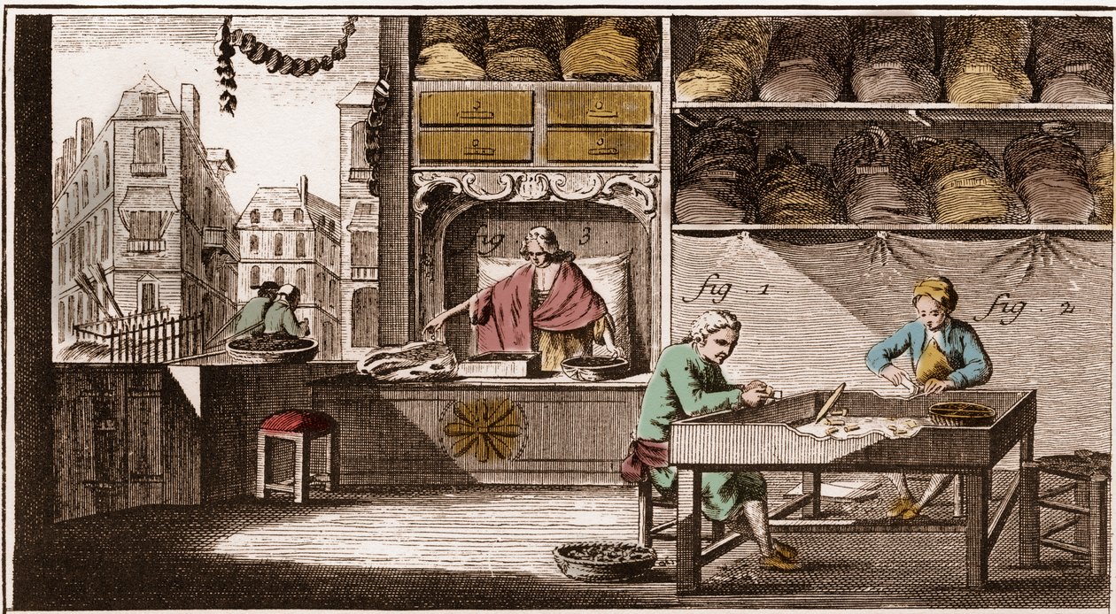 Bouchonnier, produkcja zatyczek korkowych - „” La Grande Encyclopédie, ou Dictionnaire Raisonne des Sciences, des Arts et des Metiers” (Encyklopedia lub Słownik Nauk, Sztuki i Zawodów) autorstwa Denisa Diderota (1713-1784) i Jeana d