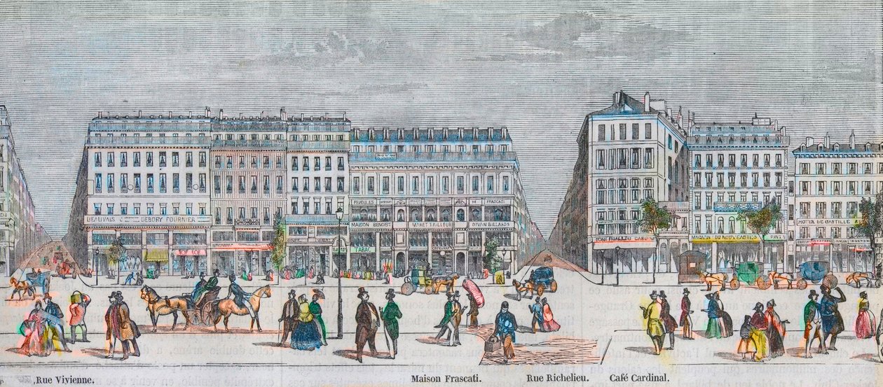 Boulevard Montmartre po stronie południowej i bulwar des Italiens po stronie południowej - Rue Vivienne - Maison Frascati - Rue Richelieu - Cafe Cardinal - Grawerowanie w „Tableau-de-Paris” autorstwa Edmonda Texiera 1852 autorstwa French School
