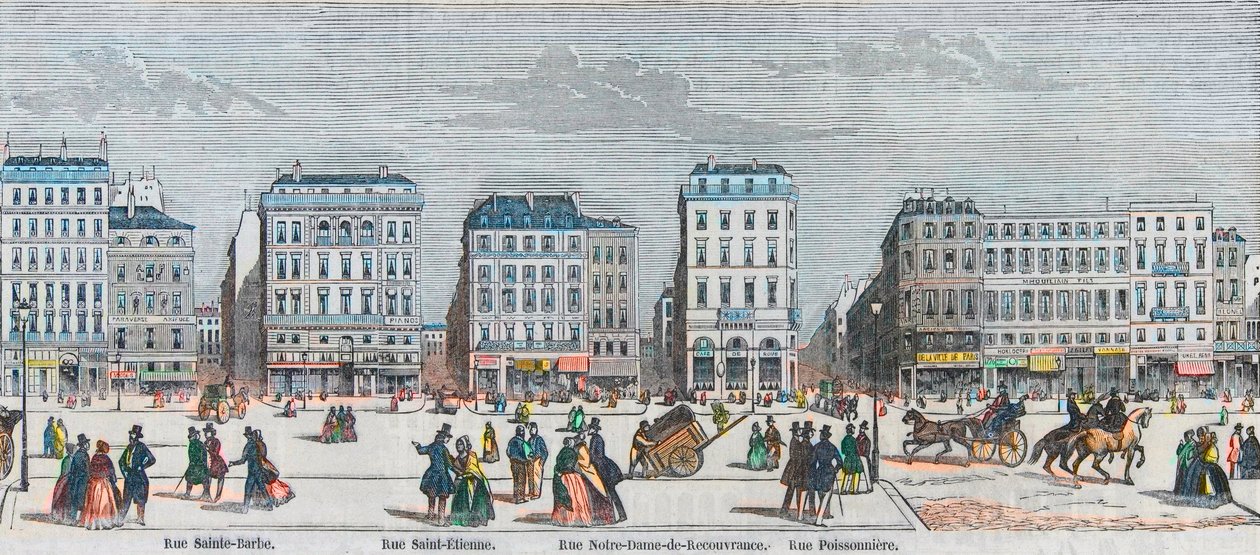 Boulevard Poissonniere - Rue Saint Barbe - Rue Saint Etienne - Rue Notre Dame de Reouvrance - Rue Poissonniere - Grawerowane w „Tableau-de-Paris” przez Edmonda Texiera 1852 autorstwa French School