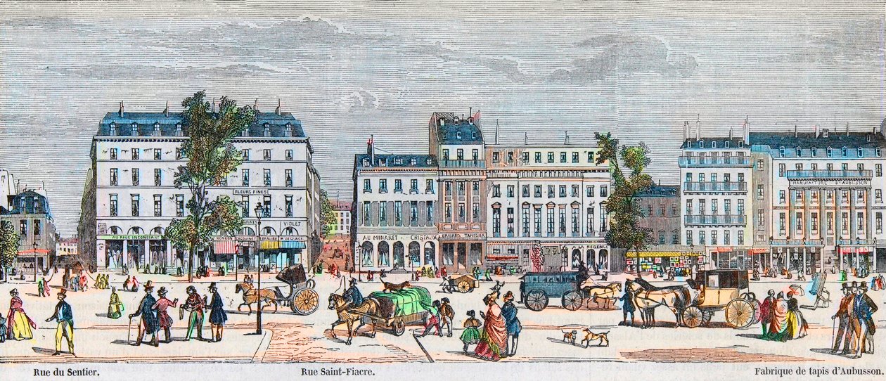 Boulevard Poissonniere strona południowa - Rue du Sentier - Rue Saint Fiacre - Grawerowanie w „Tableau-de-Paris” autorstwa Edmonda Texiera 1852 autorstwa French School