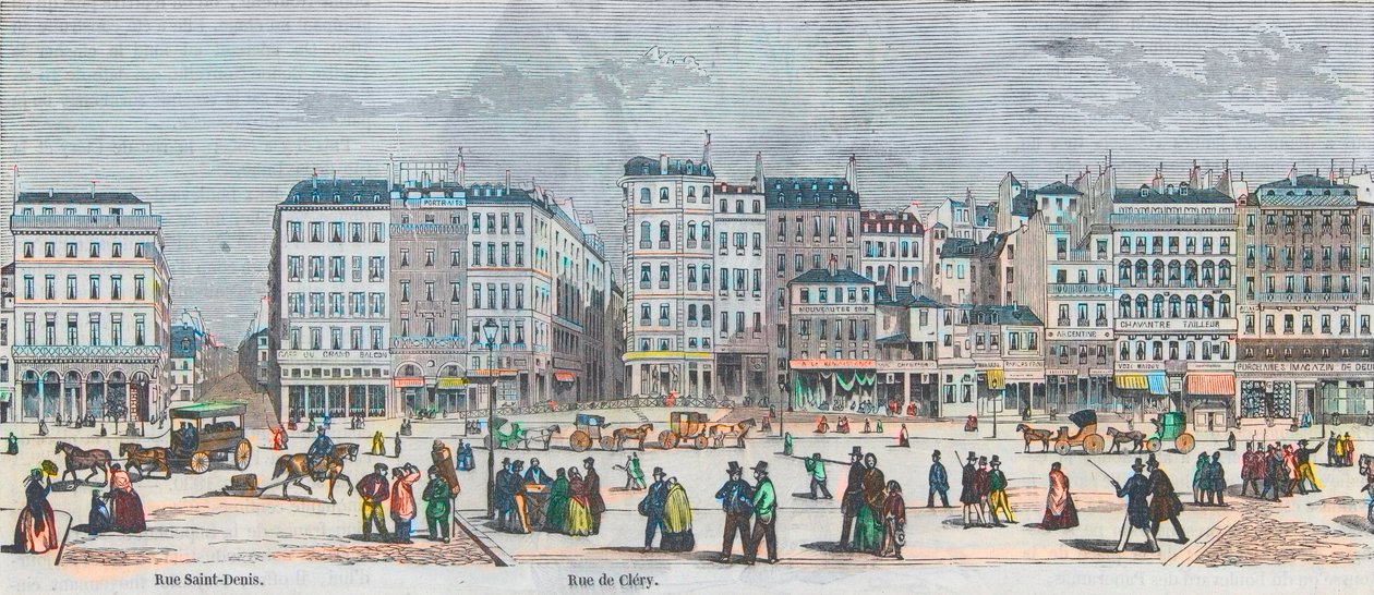Boulevard Saint-Denis i Boulevard Bonne-Nouvelle - Rue Saint-Denis - Rue de Clery - Grawerowanie w "Tableau-de-Paris" Edmonda Texiera 1852 autorstwa French School