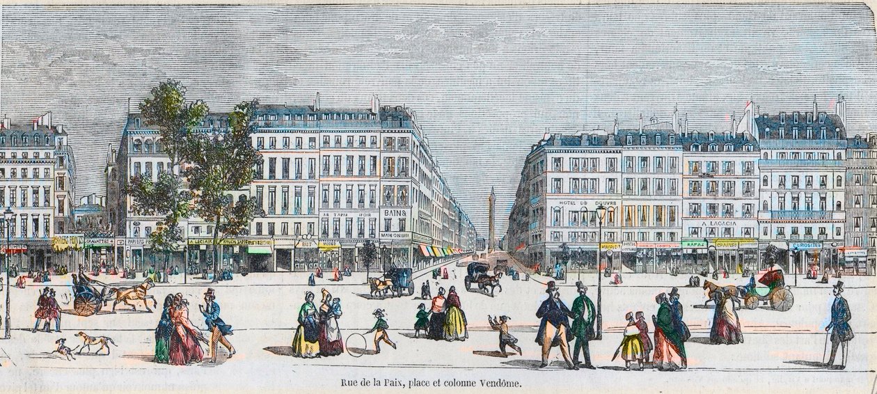 Boulevard des Capucines (Wybrzeże Południowe) - Rue de la Paix, miejsce i kolumna Vendome - Grawerowanie w „Tableau-de-Paris” autorstwa Edmonda Texiera 1852 autorstwa French School