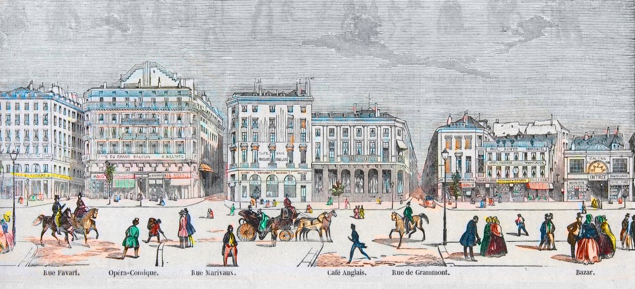 Boulevard des Italiens strona południowa - Rue Favart - Opera comic - Rue Marivaux - Kawiarnia angielska - Rue Grammont - Bazar - Grawerowanie w „Tableau-de-Paris” autorstwa Edmonda Texiera 1852 autorstwa French School
