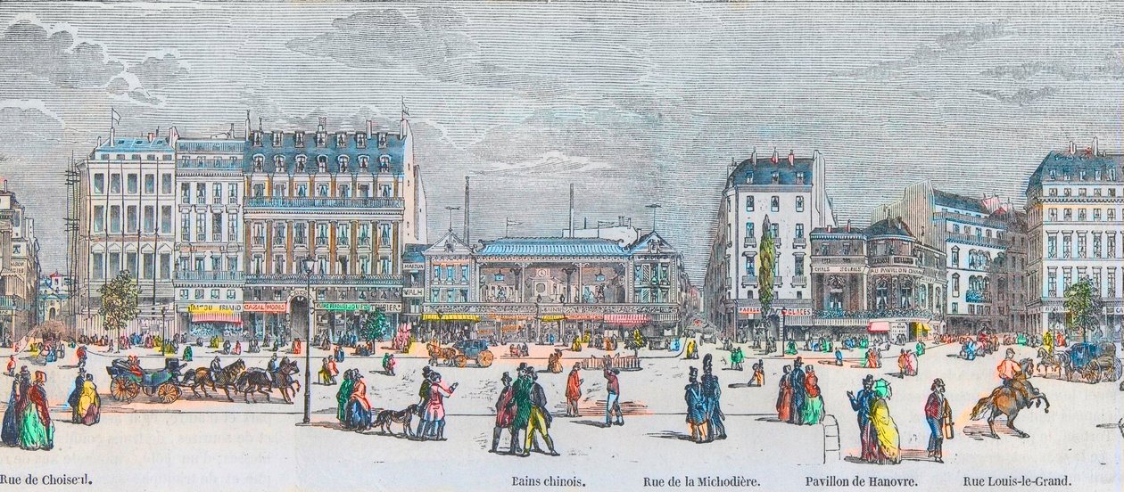 Boulevard des Italians strona południowa i Boulevard des Capucines strona południowa - rue de Choiseul - Łaźnie chińskie - rue de la Michodiere - Pavillon de Hanover - rue Louis-le-Grand - Grawerowanie w “Tableau-de-Paris” autorstwa Edmonda Texiera 1852 autorstwa French School