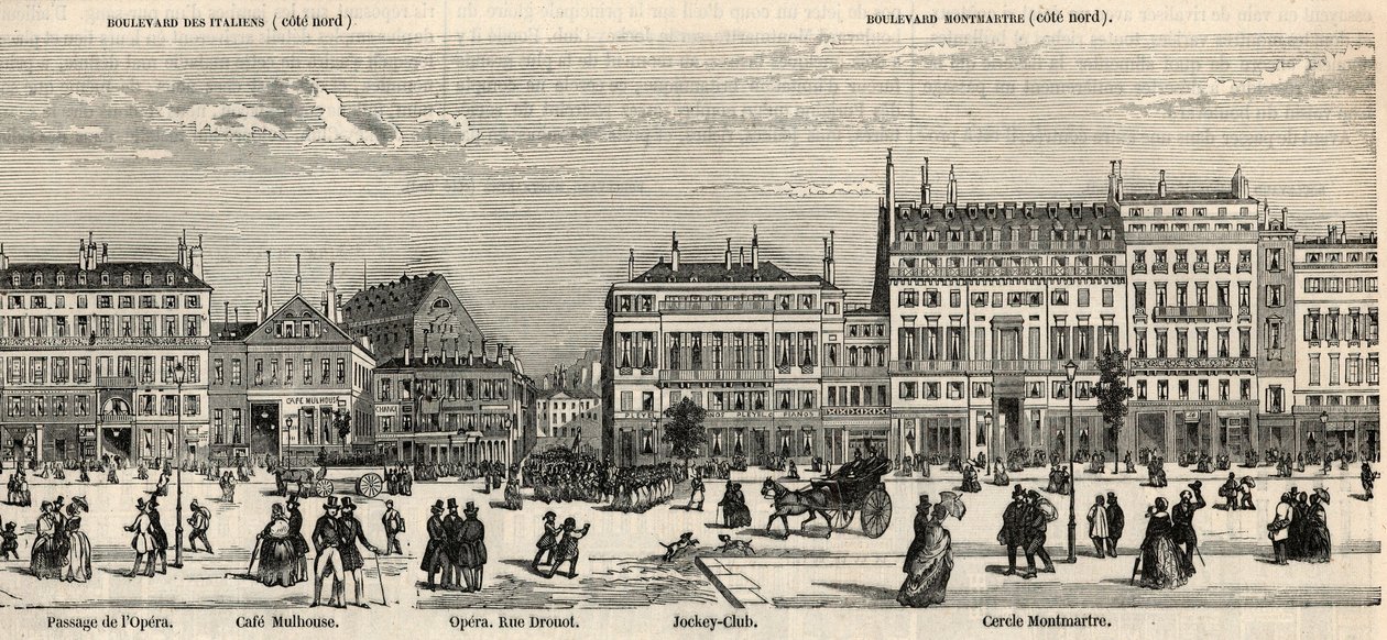 Boulevard des Italiens i bulwar Montmartre - Cafe Mulhouse - Cercle Montmartre - Jockey club - Grawerowanie w „Tableau-de-Paris” autorstwa Edmonda Texiera 1852 - autorstwa French School