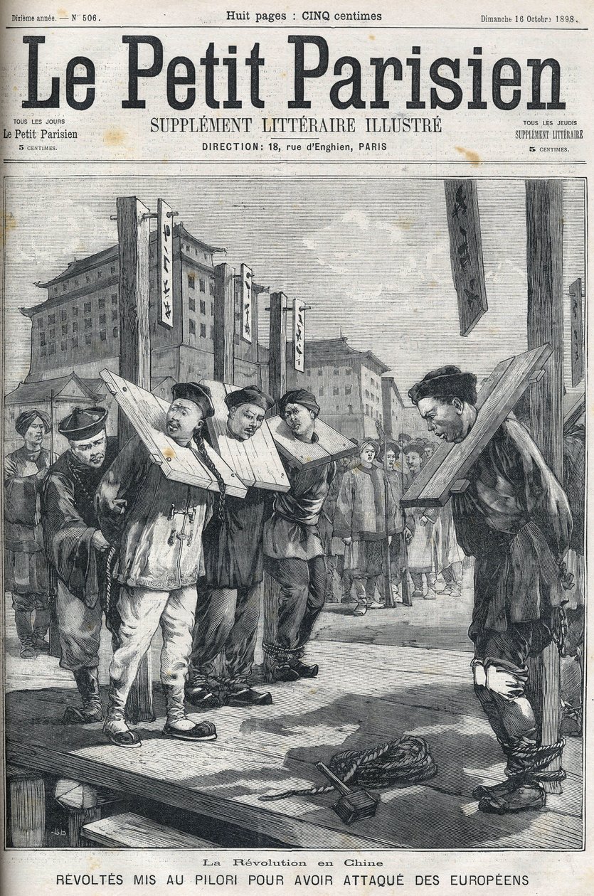 Boxer Revolt w Chinach w 1898: Rewolty pod pręgierzem za atakowanie Europejczyków. Okładka „Le petit parisien”” z 1898 r. autorstwa French School