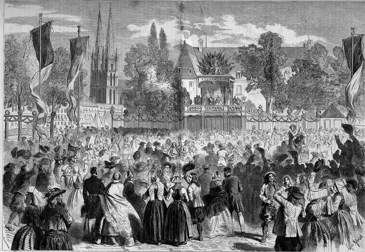 Bal bretoński na polu bitwy pod Quimper (Finistere, 29) w obecności Napoleona III (1808-1873) i Impress Eugenie (1826-1920). Grawer w „”Le Monde Illustré””n°72 z 28 sierpnia autorstwa French School