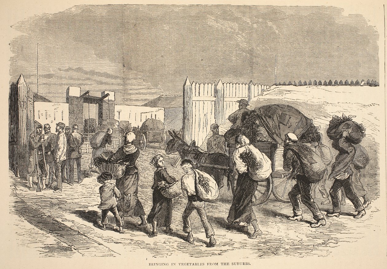 Sprowadzanie warzyw z przedmieść, ilustracja z Cassells History of the War between France and Germany, 1870-1871 autorstwa French School