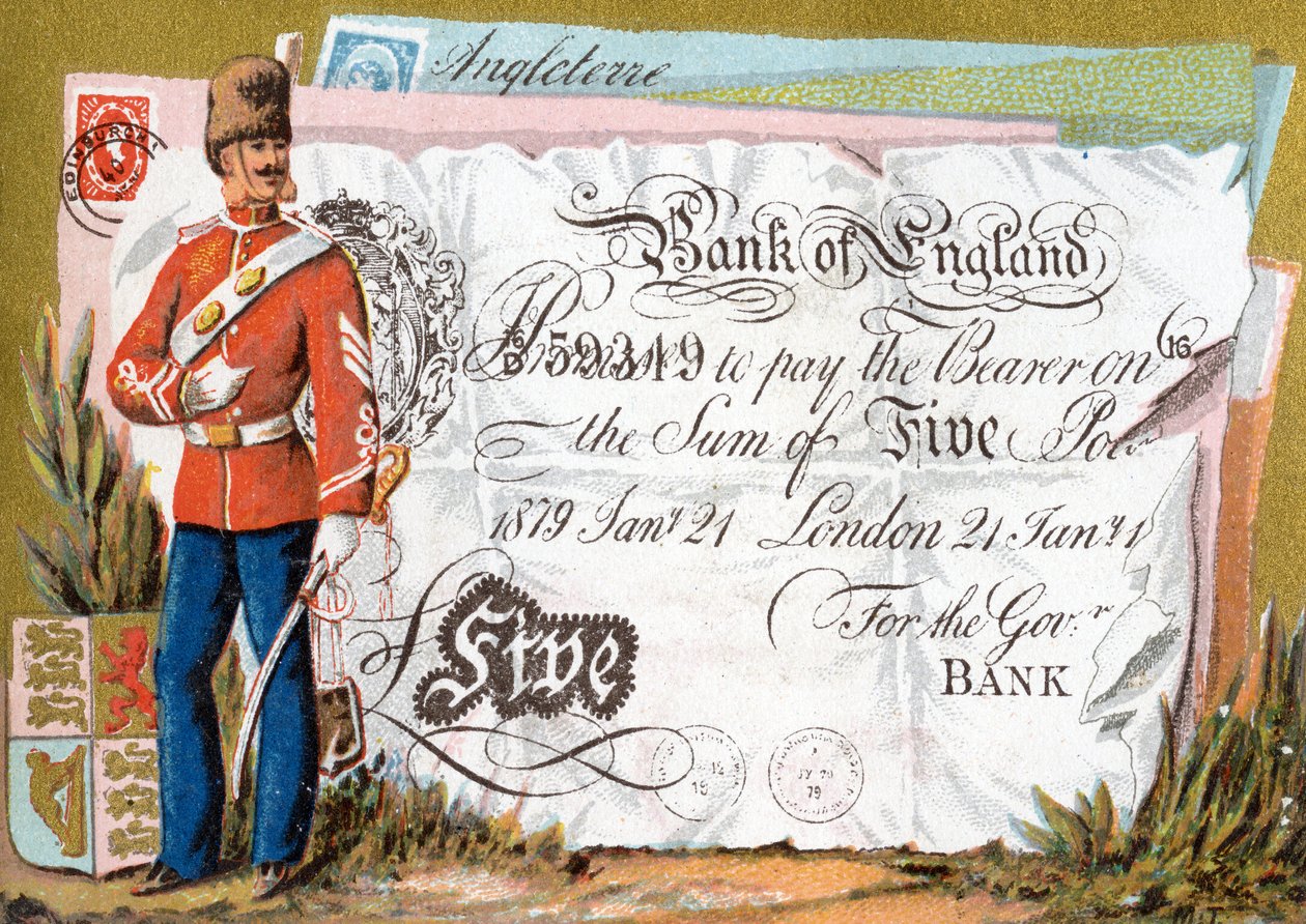 Żołnierz armii brytyjskiej strzegący pięciofuntowego banknotu Banku Anglii, 1886-95 autorstwa French School