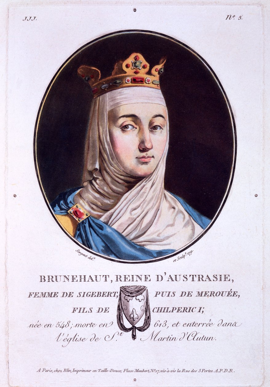 Brunhilda, królowa Austrazji, z Portretów wielkich ludzi, wybitnych kobiet i pamiętnych poddanych Francji, opublikowanych w latach 1787-92 autorstwa French School
