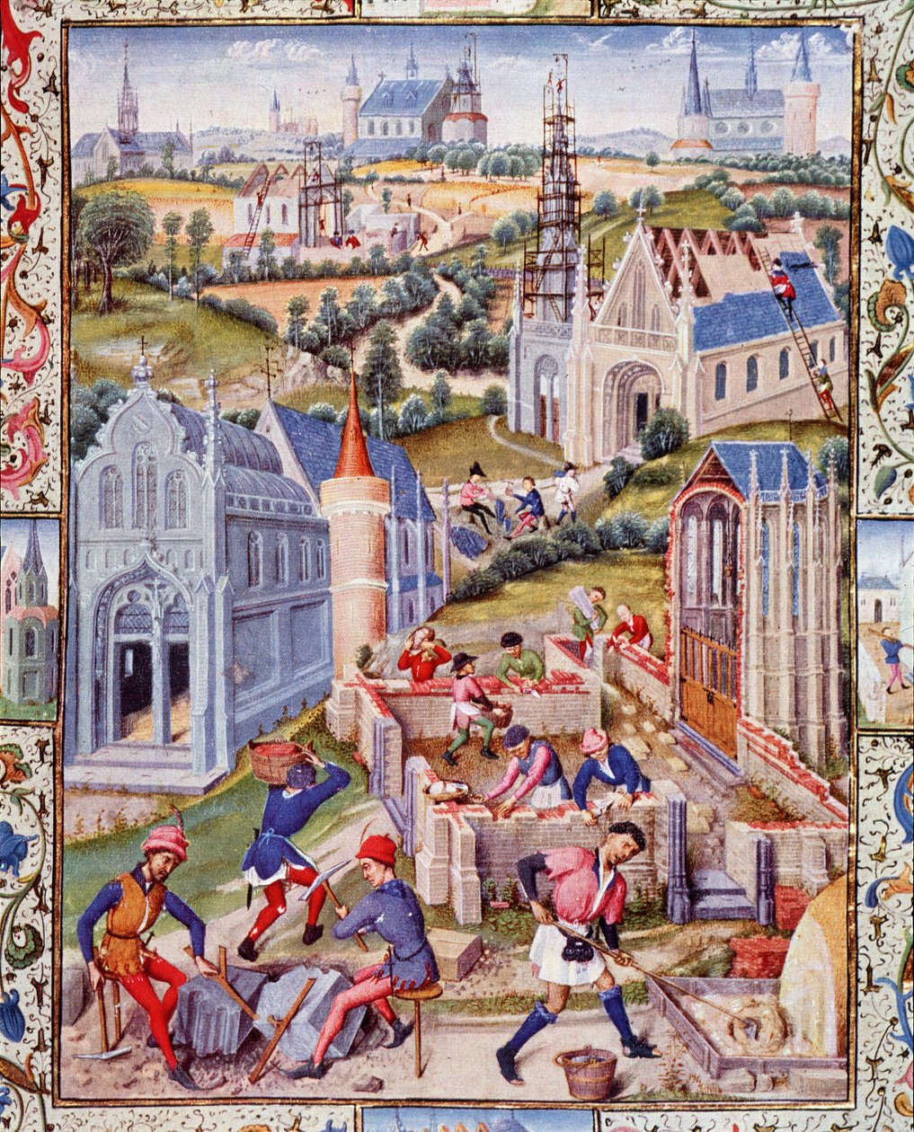 Place budowy w Saint Denis (miasto) pod budowę 12 kościołów na cześć 12 apotres. Miniatura zaczerpnięta z "Życia szlachetnego hrabiego Gerarda de Roussillon". autorstwa French School
