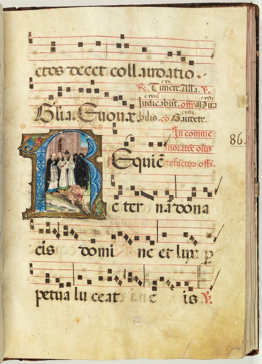 Scena pogrzebowa, Graduał, f.86 (tusz, tempera i złota listka na pergaminie) autorstwa French School
