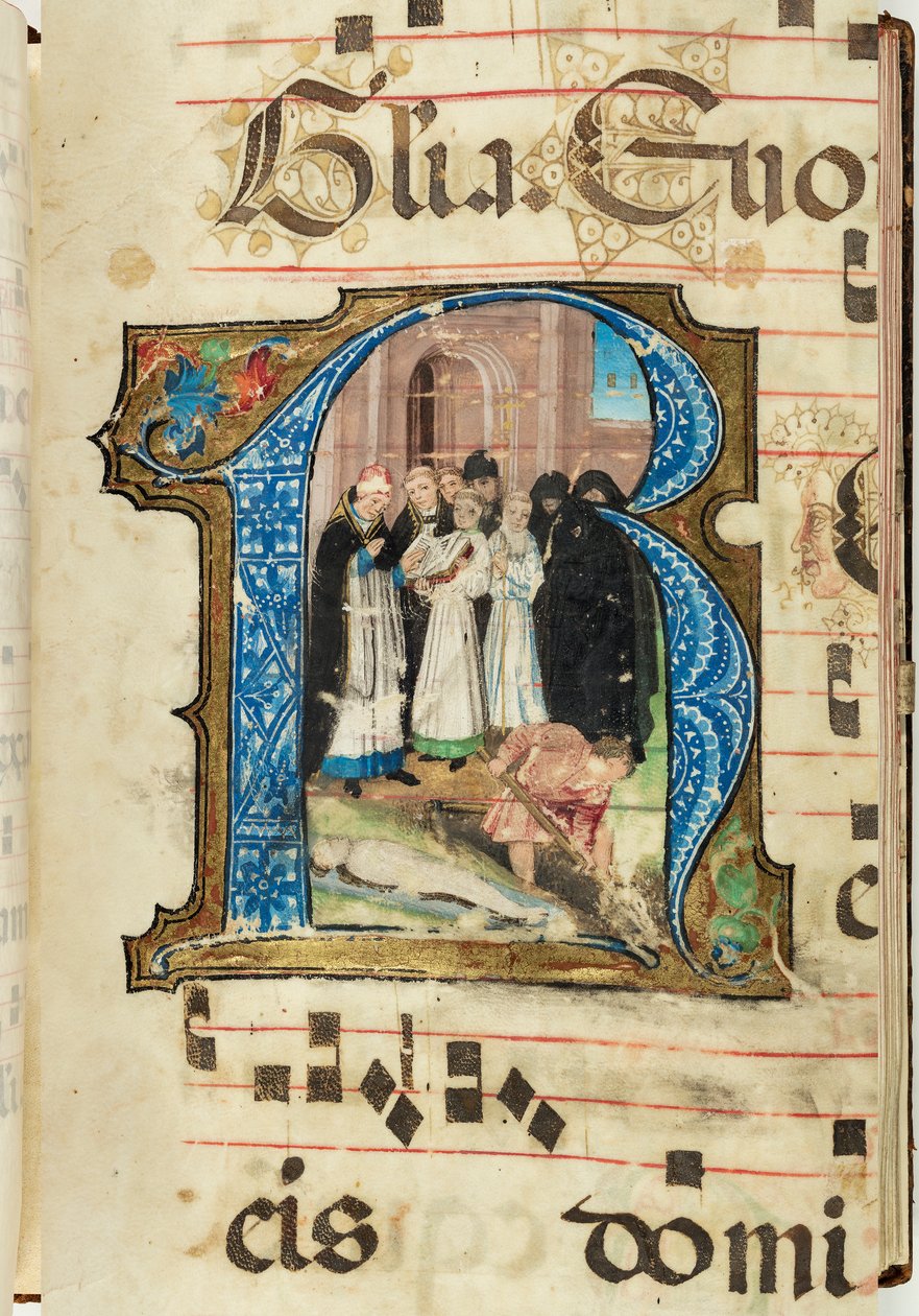 Scena pogrzebowa, Graduał, f.86 (tusz, tempera i złota listka na pergaminie) autorstwa French School