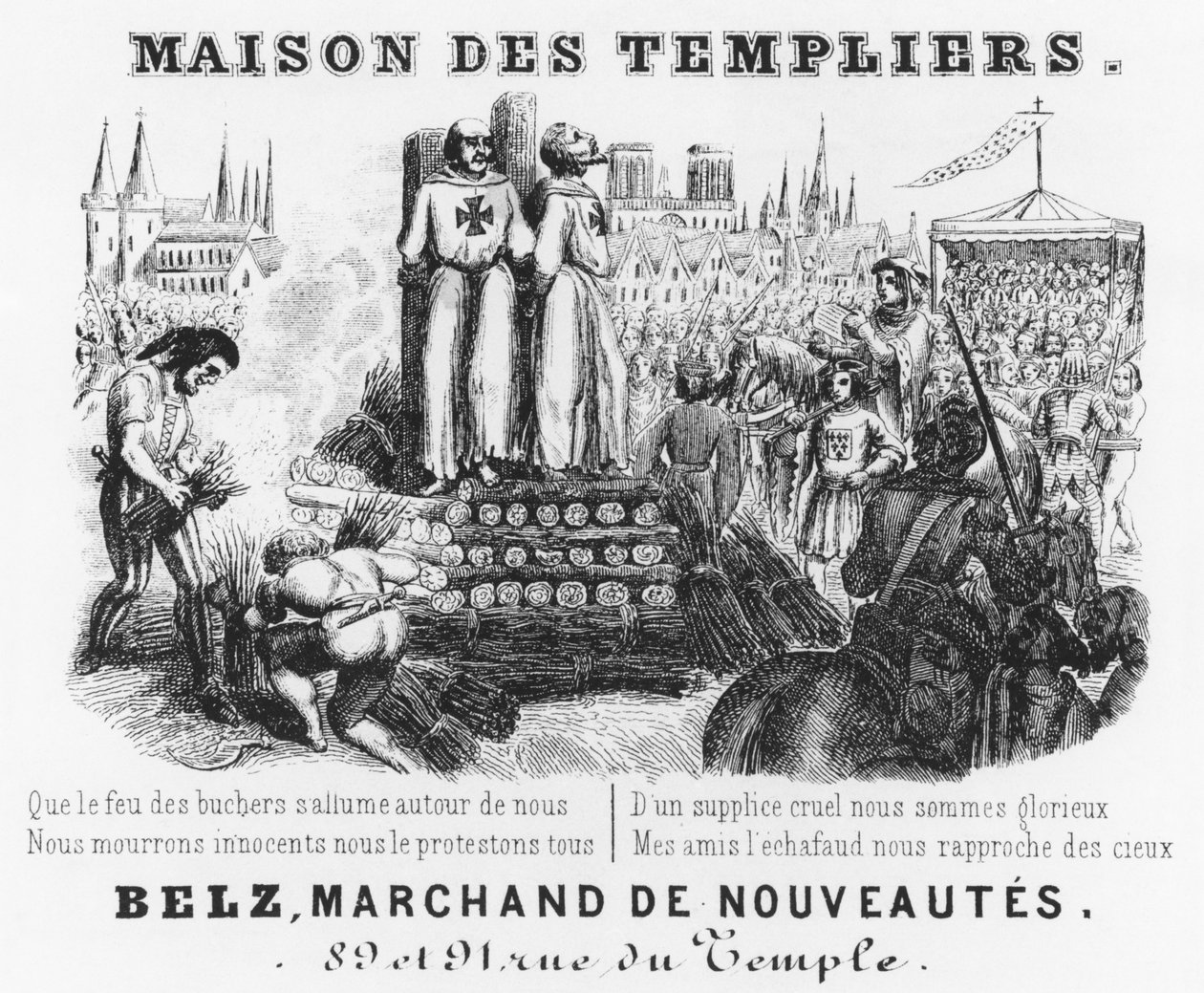 Spalenie templariuszy, właściciel rachunku w sklepie sukienniczym, Maison des Templiers, Bełz, rue du Temple, Paryż, ok. 1840 autorstwa French School