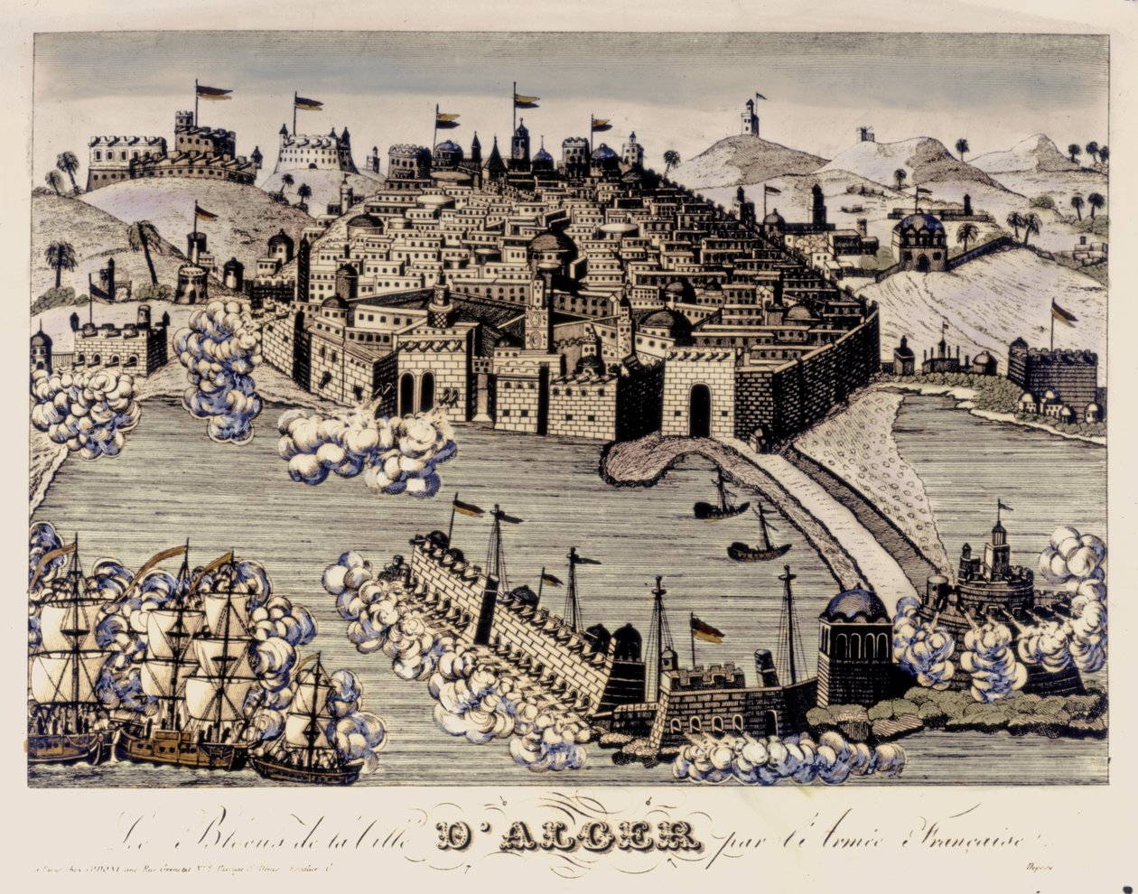 KOLONIALIZM: Blokada miasta Algier przez armię francuską. 1830 (kolorowa rycina) autorstwa French School