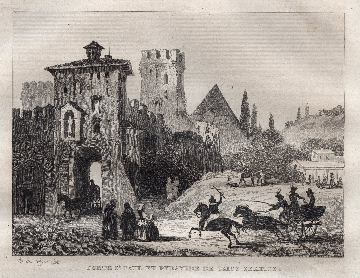Piramida Caiusa i Brama św. Pawła w Rzymie Porte Saint Paul i Piramida Caiusa Sekstusa Rzym - Rycina z „” Malownicze Włochy”” – Historyczne i opisowe malarstwo Włoch”” M. de Norvins, Ch. Nodier 1834-1836. autorstwa French School