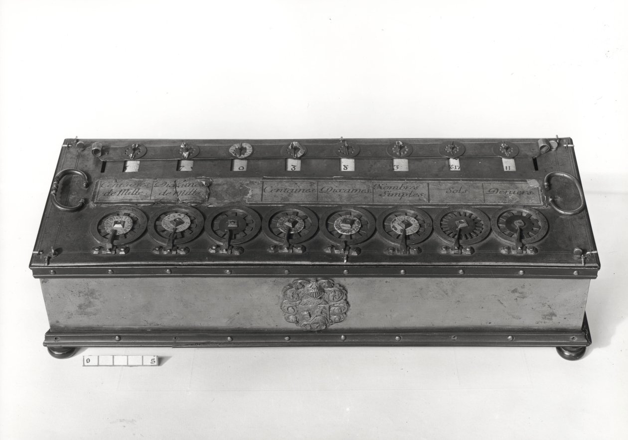 Maszyna licząca wynaleziona przez Blaise Pascal (1623-62), 1644 (metal) autorstwa French School