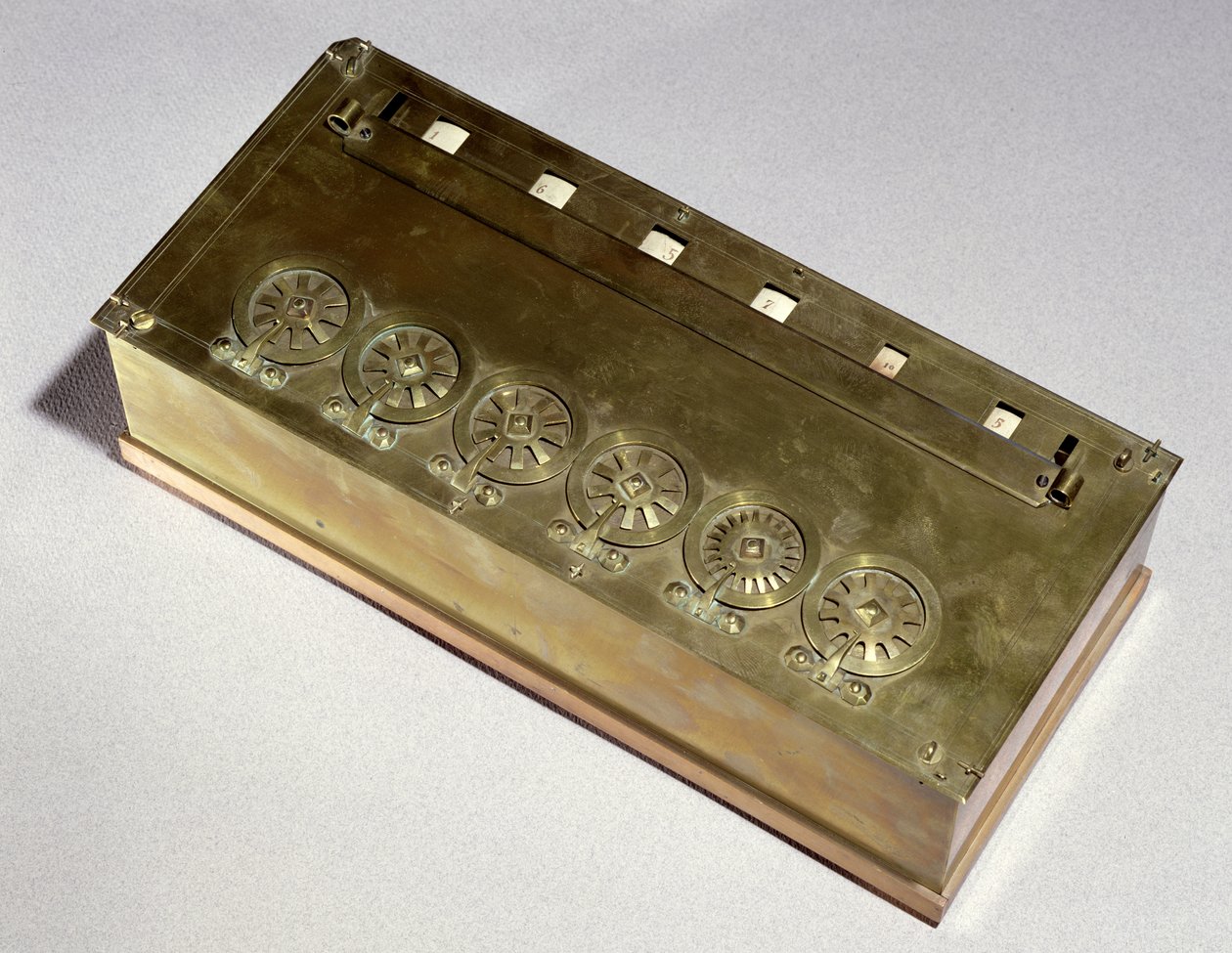 Maszyna licząca wynaleziona przez Blaise Pascal (1623-62) w 1642 (drewno i metal) autorstwa French School