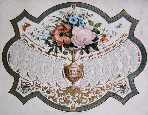 Kalendarz na rok 1839, sztychowany przez Godefroya Engelmanna (1788-1839) ok.1838 (kolor lito) autorstwa French School
