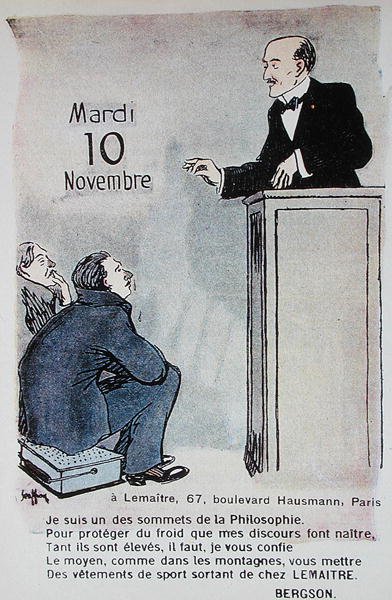 Kalendarz na rok 1914 reklamujący stroje sportowe z karykaturą francuskiego filozofa Henri Bergsona (1859-1941) autorstwa French School