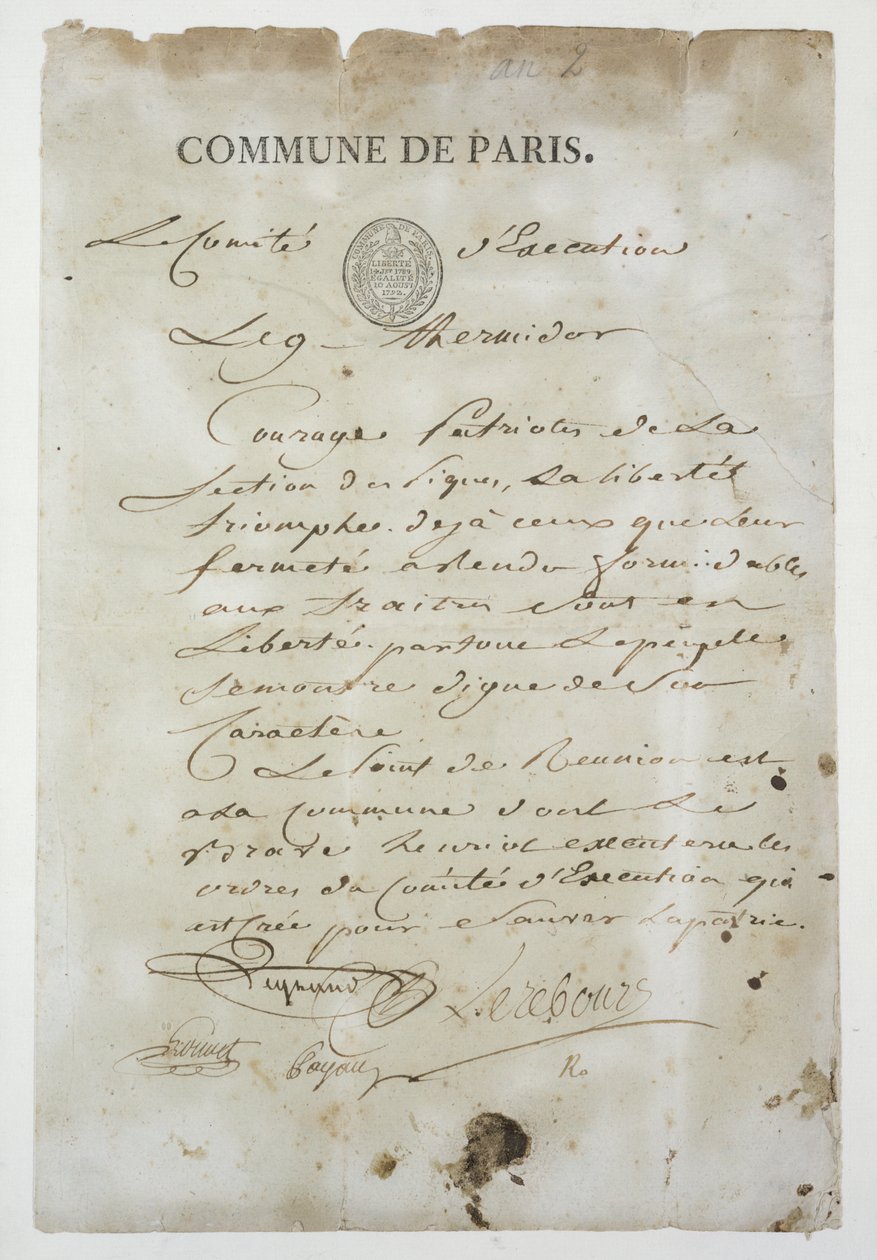 Wezwanie Maximiliena de Robespierre (1758-94) do wstąpienia do Komuny, 9 Thermidor An 2 (27 lipca 1794) (pióro i atrament na papierze) autorstwa French School