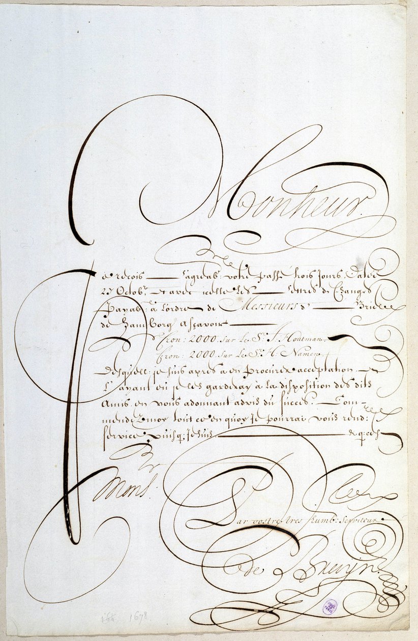 Kaligrafia: List z kontami wykaligrafowany około 1678 roku przez Francois de Bruyn. autorstwa French School
