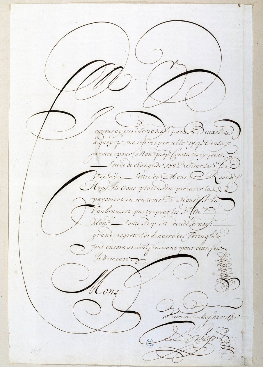 Kaligrafia: List z kontami wykaligrafowany około 1678 roku przez Francois de Bruyn. Biblioteka Historyczna Miasta Paryża autorstwa French School
