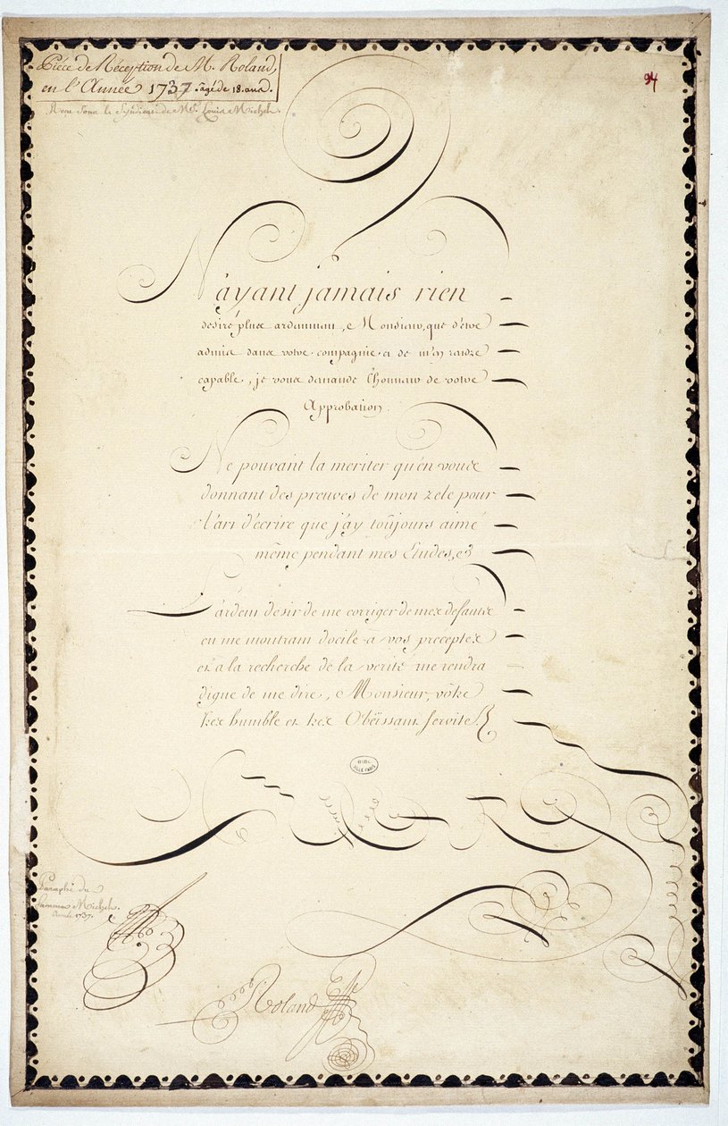 Kaligrafia: Utwór na przyjęcie z 1737 r. autorstwa Andre Francois Rolanda. autorstwa French School