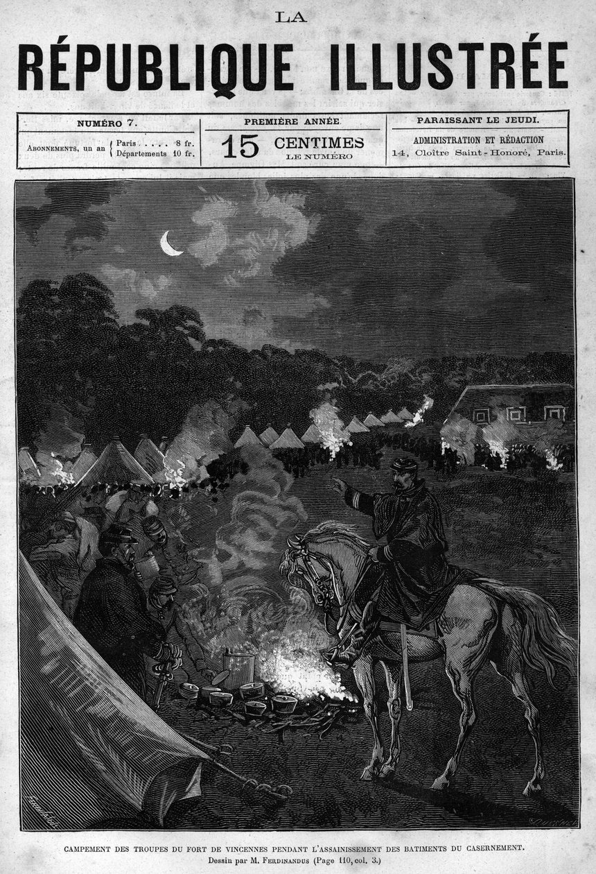 Obóz wojsk Fort de Vincennes podczas porządkowania budynków kwaterunkowych. Gazeta. Rycina z 1880 r. w prywatnej kolekcji „La republique illustree”. autorstwa French School