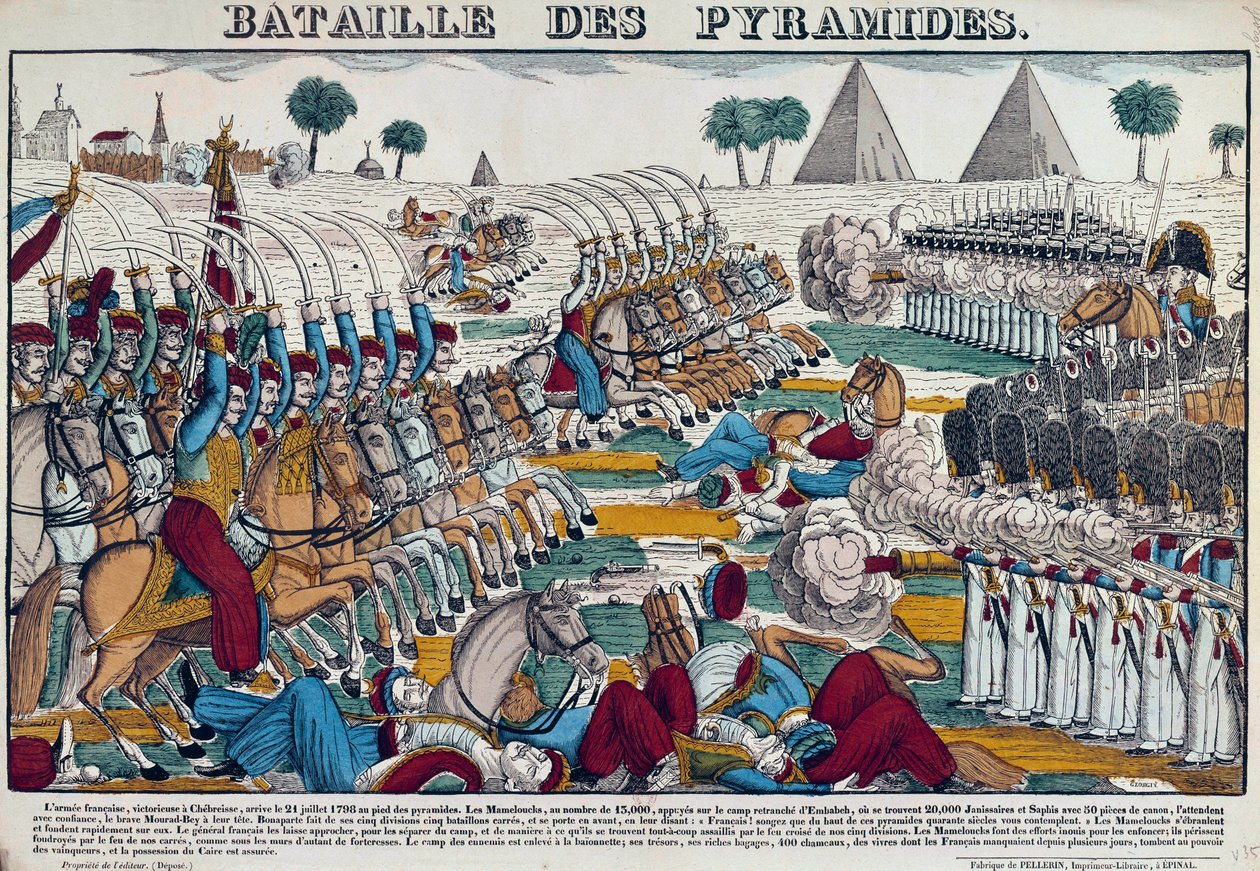Kampania (wyprawa) Egiptu (1798-1801): Bitwa o Egipt w dniu 21.07.1798 r. Rycina XIX wieku. autorstwa French School