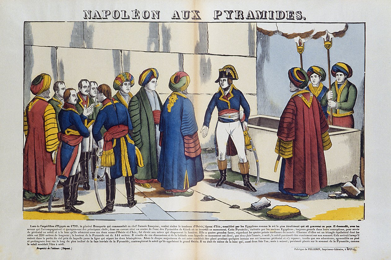 Kampania (wyprawa) w Egipcie (1798-1801): Bonaparte Napoleon do piramid w Egipcie w 1799 r. Obraz Epinal autorstwa French School