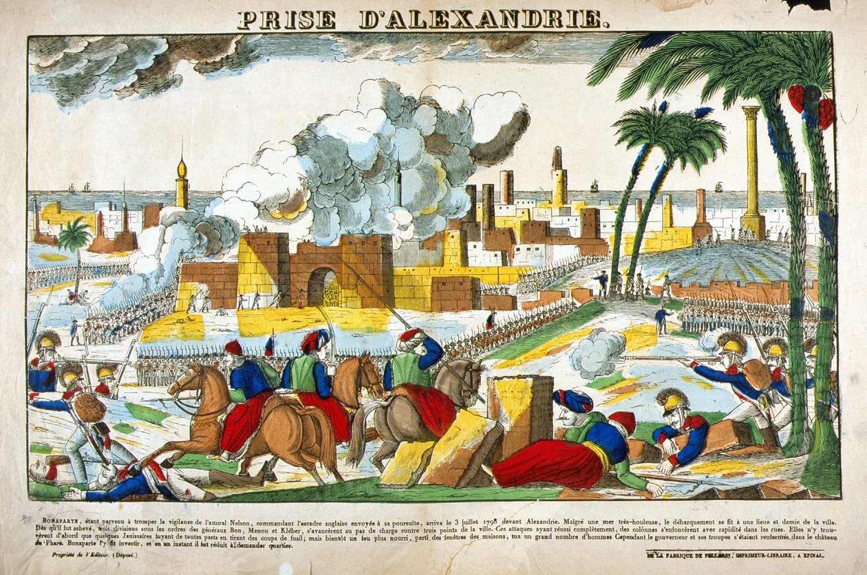 Kampania (wyprawa) Egiptu (1798-1801): Zdobycie Aleksandrii przez wojska Napoleona Bonaparte w lipcu 1798 r. Obraz Epinal autorstwa French School