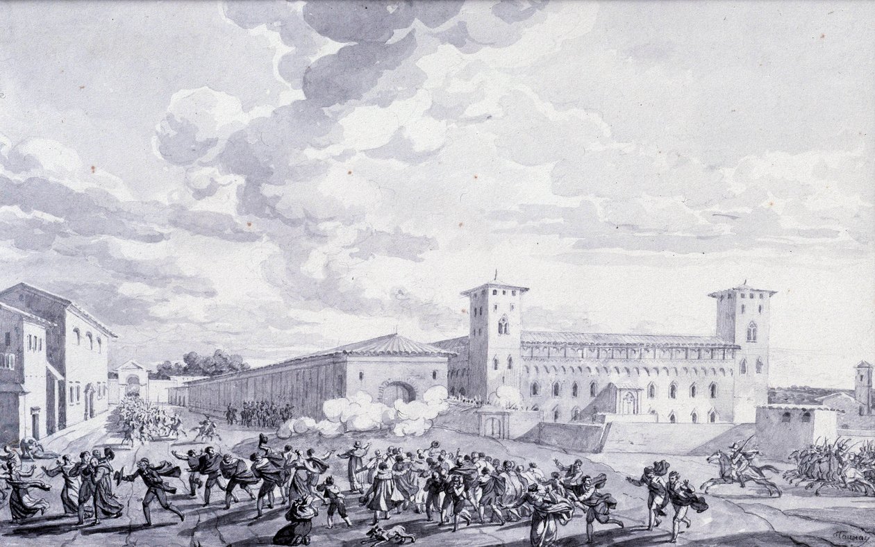 Kampania włoska: widok buntu miasta Paryża przeciwko francuskiej okupacji w maju 1796 r. Anonimowy rysunek. Paryż, Muzeum Luwr autorstwa French School