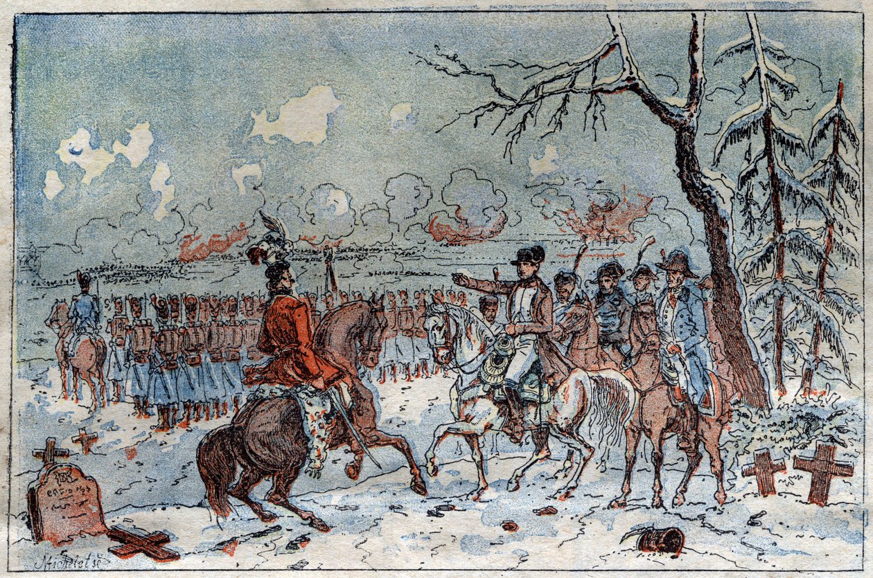 Kampania prusko-polska (1806-1807): „” Napoleon I (1769-1821) na polu bitwy pod Eylau w dniu 08.02.1807 nakazał Muratowi odeprzeć rosyjską kawalerię. Rycina XIX wieku. autorstwa French School