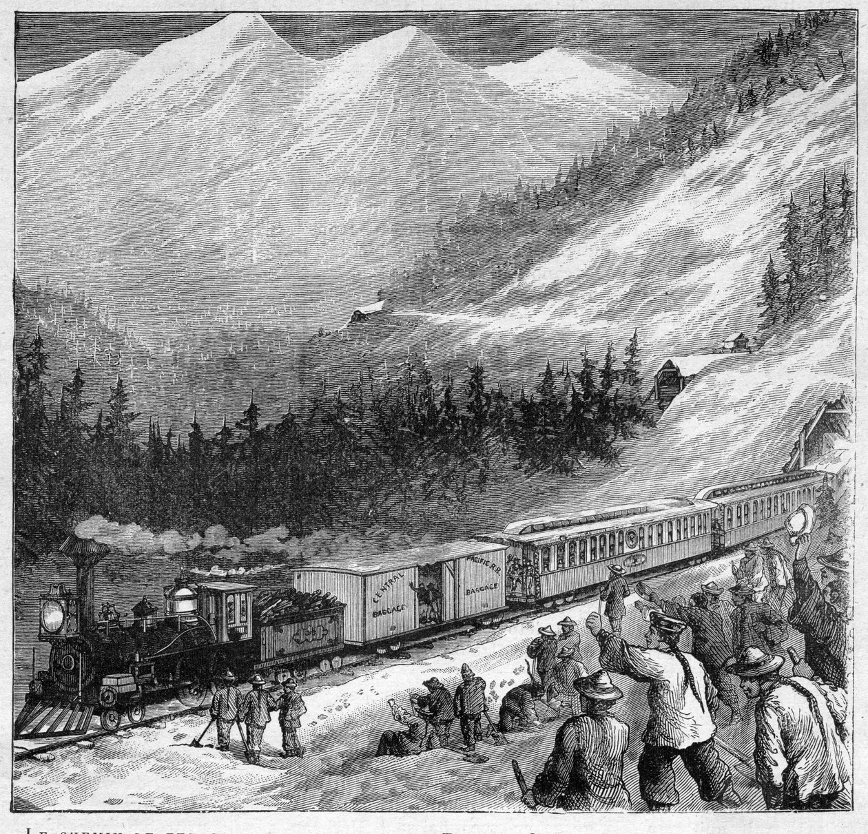 Canadian Pacific Railway w 1888 - Canadian Pacific Railway - Przejazd pociągu w Sierra Nevada - Grawerowanie w „Journal des Voyages” 1888 autorstwa French School