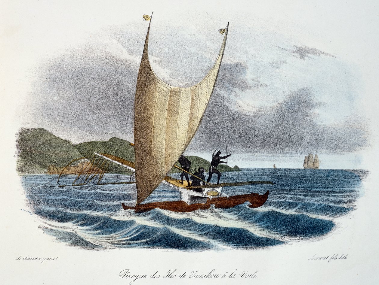 Kajak z żaglem z Wysp Vanikoro, Wyspy Salomona (archipelag), kolorowa grawerunek z Podróży odkrycia Astrolabium dokonanej na rozkaz króla w latach 1826-1829 przez Jules-Sebastien-Cesar Dumont d