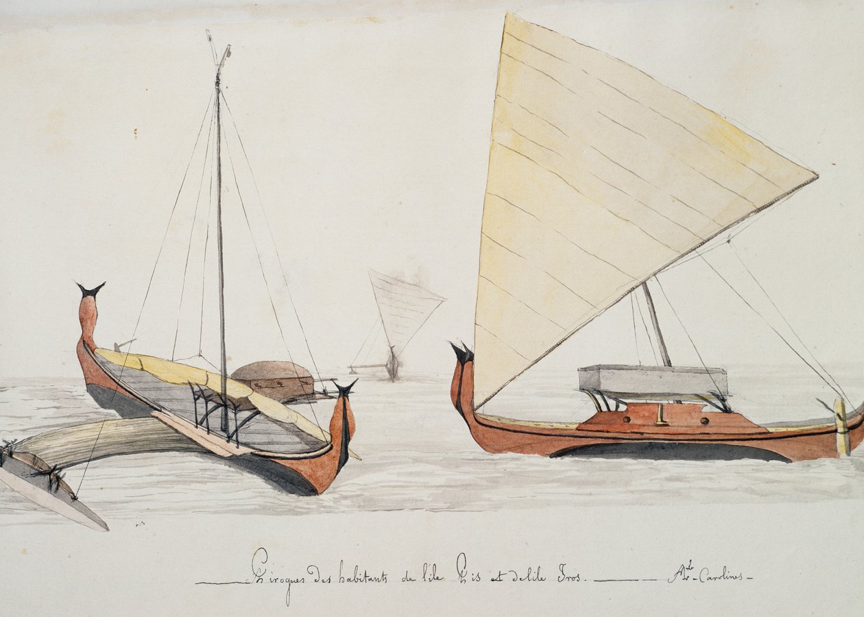 Kajaki mieszkańców wysp Pis i Iros (Wyspy Karolinskie), akwarela Jules-Louis Lejeune, z Podróży Duperreya autorstwa French School
