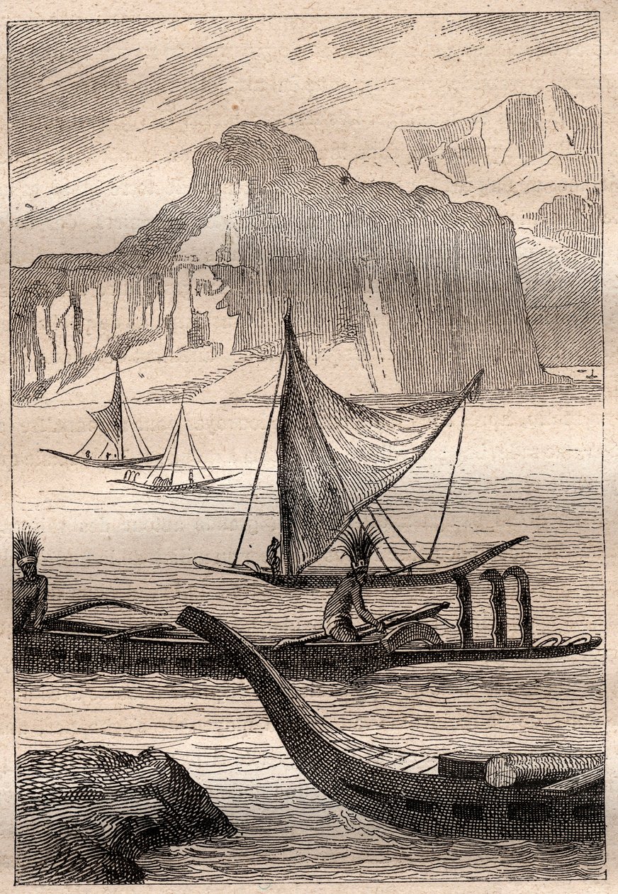 Kajaki Wysp Markizowych - ilustracja zaczerpnięta z „Wielkich Marynarzy XVIII wieku”” autorstwa French School