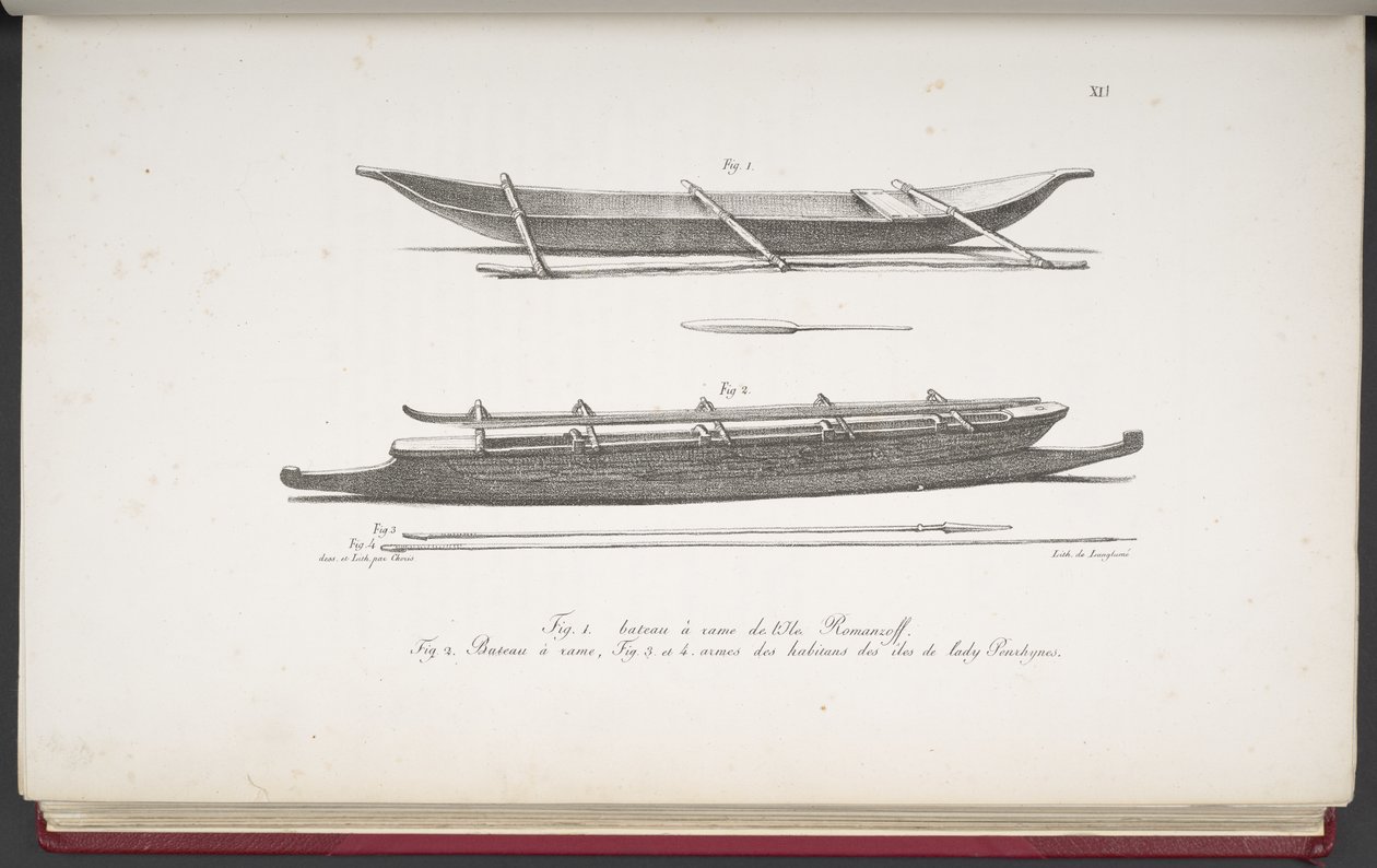 [Kajaki Wysp Marshalla, kajak i broń Wysp Cooka], z Picturesque Voyage Round the World, z Portretami Dzikich z Ameryki, Azji, Afryki i Wysp Oceanu Wielkiego; krajobrazy, widoki na morze i nie tylko autorstwa French School